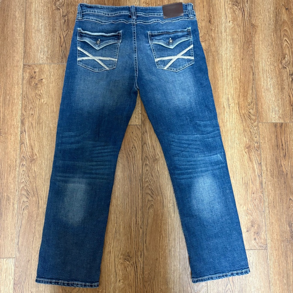 TK Axel Slim Bootcut Jeans Medium Wash Blue Embroidered Pockets Mens 38x32 Faded